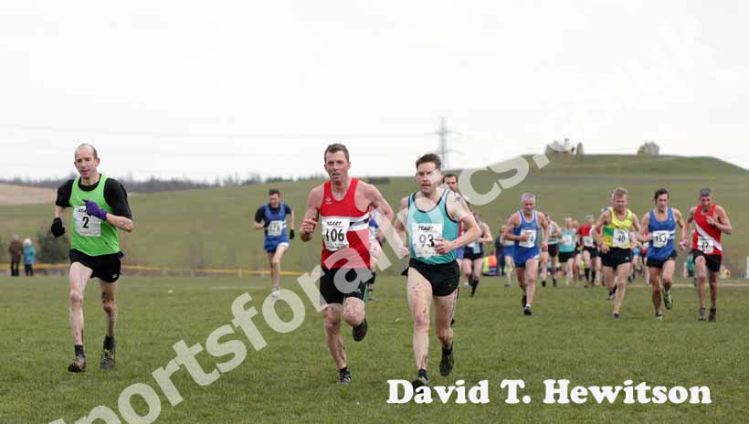 No 2 Keith Miller (David Loyd Redway Runners), Iain Twaddle (NSP) and 93 Dean Parker (Bournville Harriers), males 35 to 64race, BMAF Cross Country, Herrington, Sunderland.